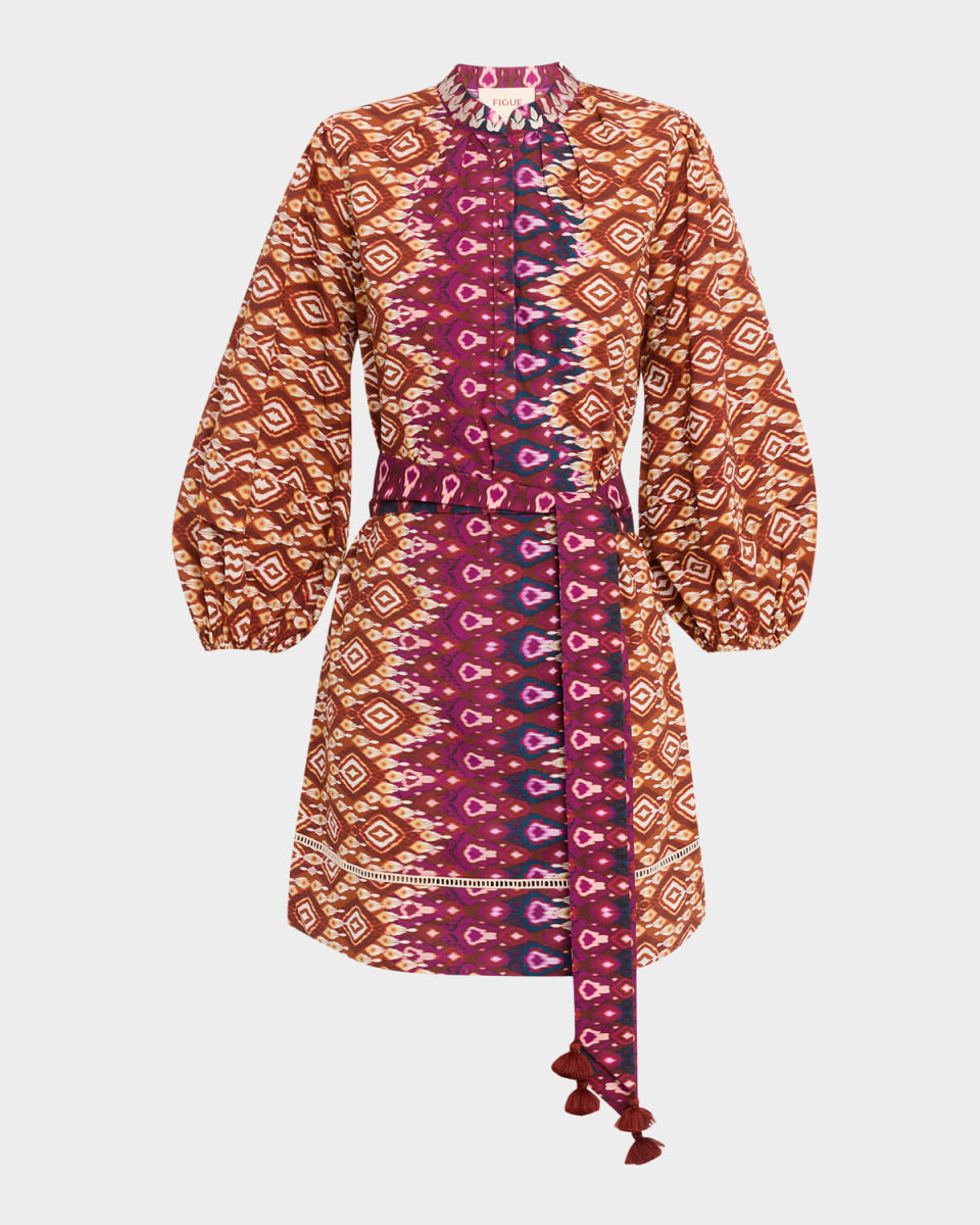 Hailey Ikat-Print Balloon-Sleeve Belted Mini Shirtdress